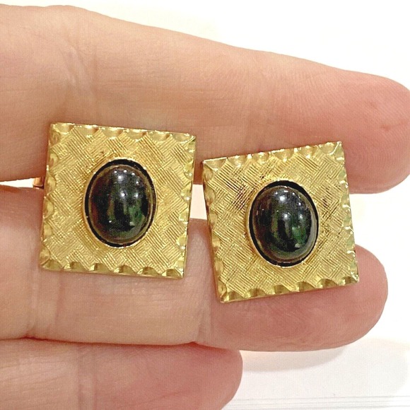 Vintage cuff links textured gold tone career cufflinks with mod black cabachons - Picture 4 of 5